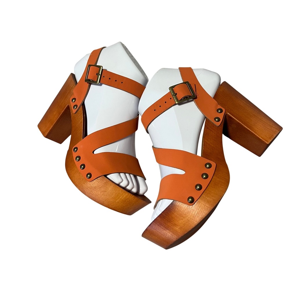 Madden Girl Orange Strappy Platform Sandals Wood Block Heel Studded Boho 6